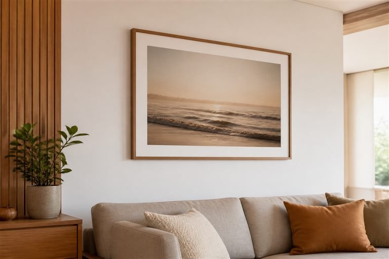 Quadro decorativo fixado em uma parede de sala