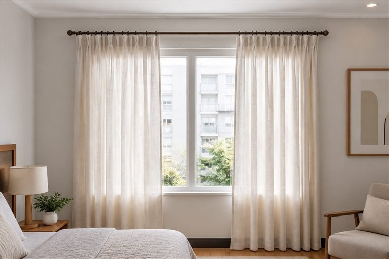 Cortina de tecido instalada em uma janela residencial
