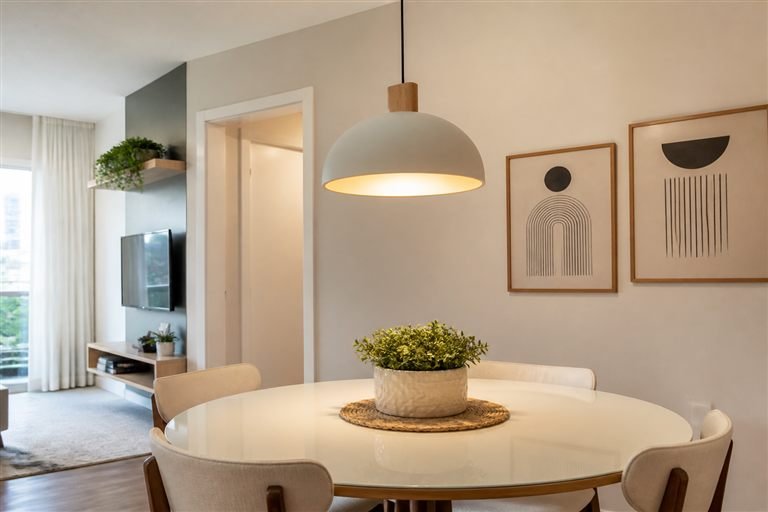 Luminária pendente instalada sobre uma mesa de jantar