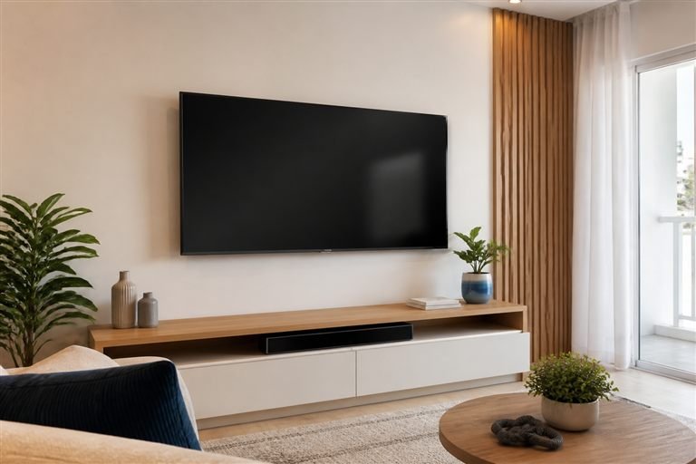 TV de tela plana instalada em suporte na parede de uma sala