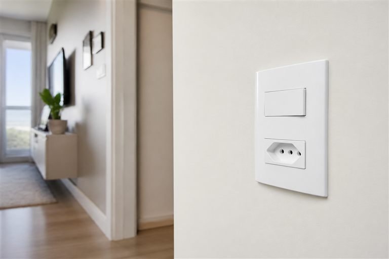 Tomada e interruptor instalados em uma parede
